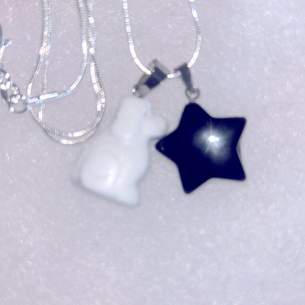Boho Hippie Howlite Dog and Onyx Star Sterling Silver Necklace 24”